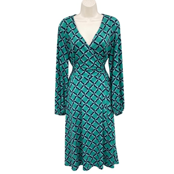 JM Collection Wrap Midi Dress Geometric Statement Feminine Career Retro Green14W - Picture 1 of 14